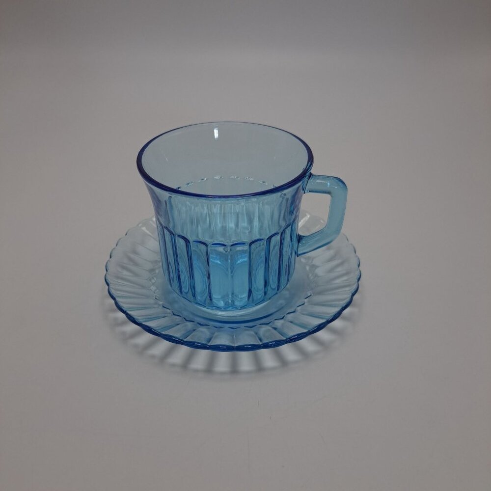 Fortecrisa Mexico Ice Azure Blue Ribbed Glass Cup & Saucer Set